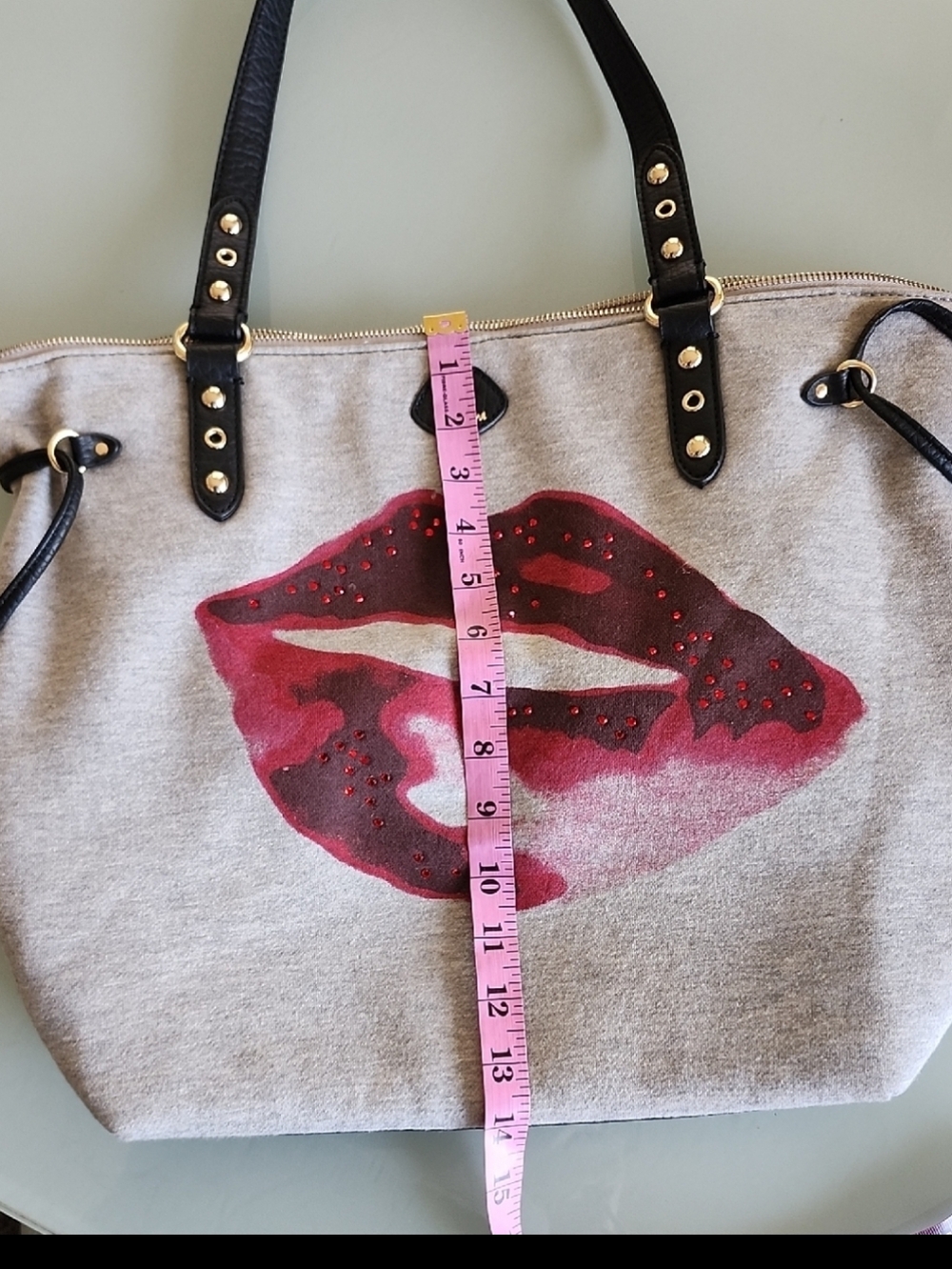 Juicy Couture Jersey Knit Barbiecore Rhinestone Lips Overnight Tote Bag - Picture 13 of 15